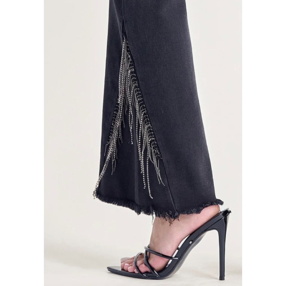 Risen Jeans Black Distressed Flare Rhinestone Chain Fringe Jeans Size 0/24 - Picture 16 of 16